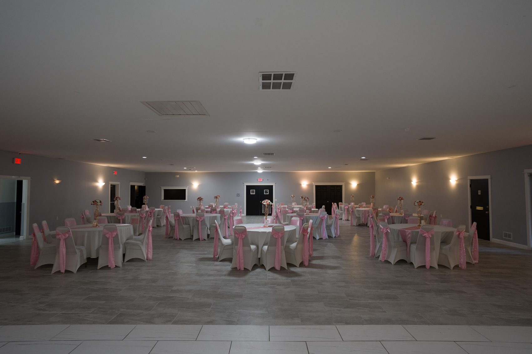 Banquet hall set for a large event