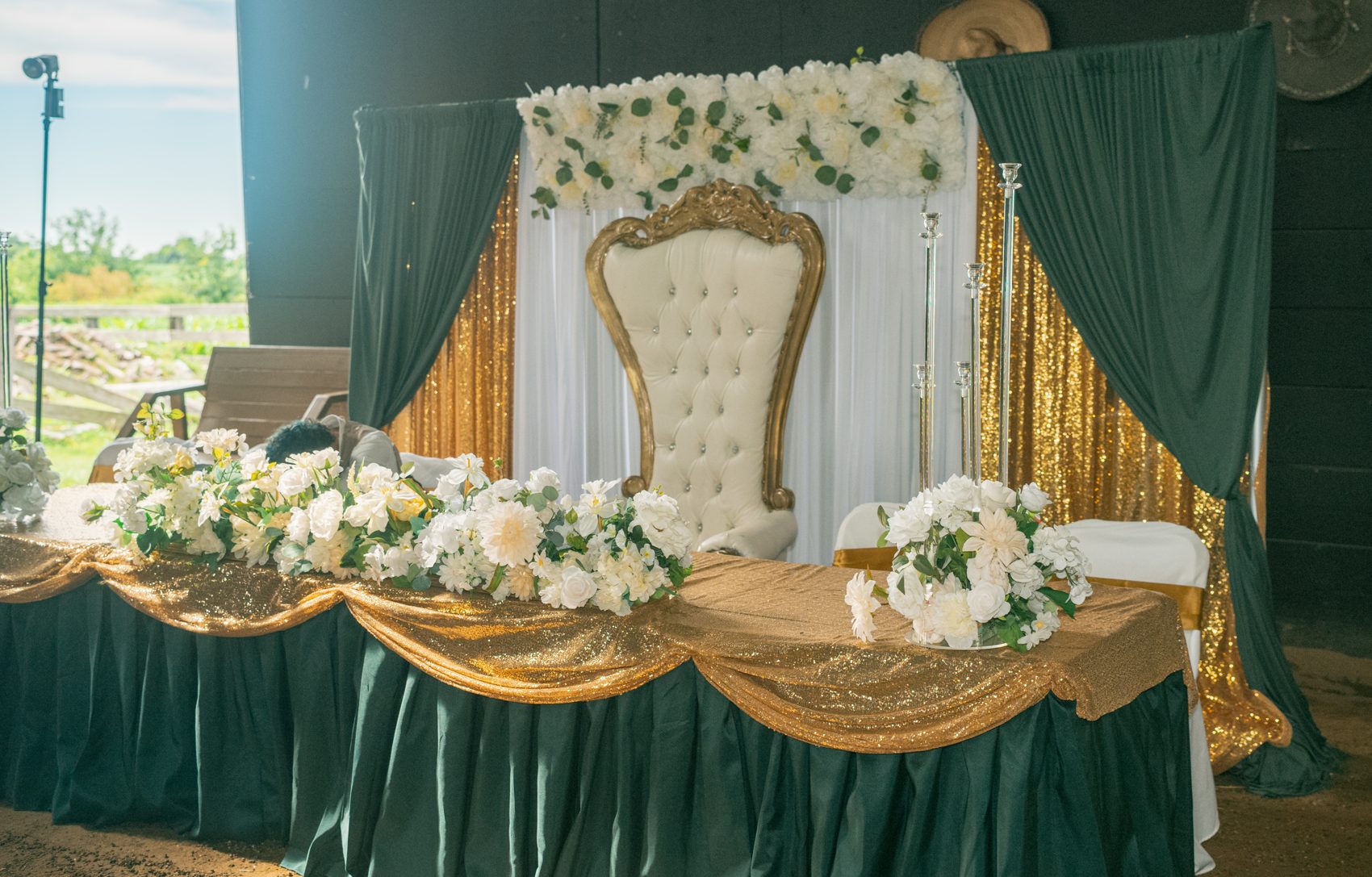 Elegantly decorated head table at Marquez Banquet Hall