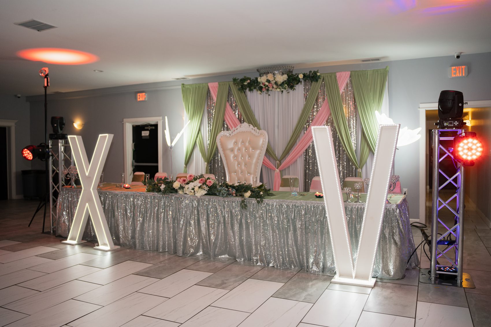 Quinceañera ballroom with XV letters